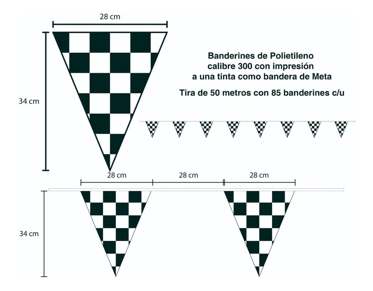 Paquete de 3 tiras de banderines de polietileno con diseño de cuadros negros y blancos estilo carreras, ideales para decoración de fiestas o negocios; 50 metros por tira, 150 metros en total. Paquete de 3 tiras de banderines de polietileno con diseño de cuadros negros y blancos estilo carreras, ideales para decoración de fiestas o negocios; 50 metros por tira, 150 metros en total.
